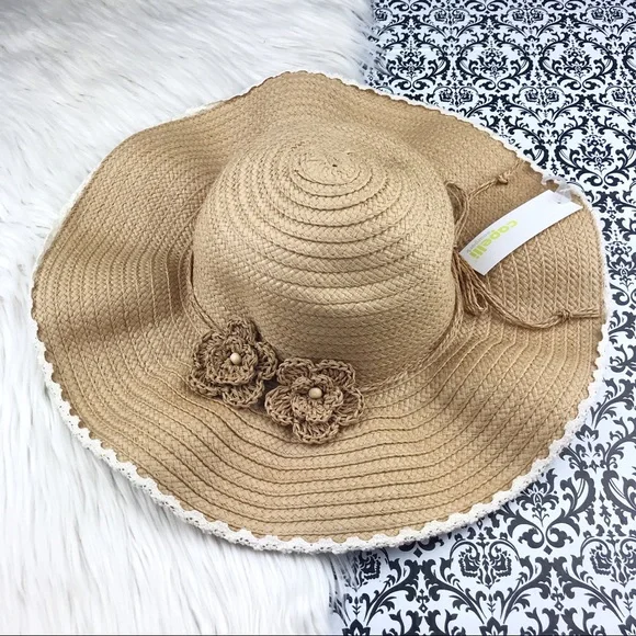 NWT Capelli New York : size : OS : Tan Woven floral floppy beach summer sun hat - Picture 1 of 8